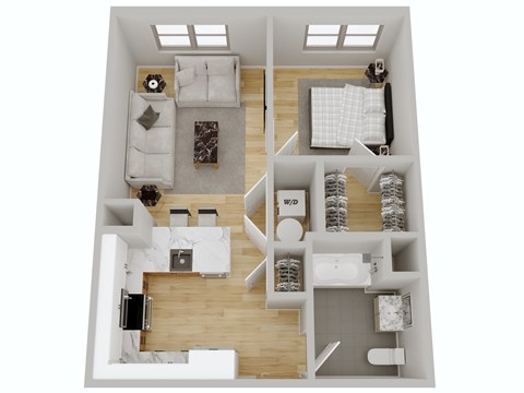 Floor plan for 1 bed, 1 bath, 612 sqft